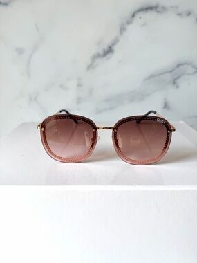 Quay Australia Jezabell Chain Sunglasses Gold Brown Rimless Round Women